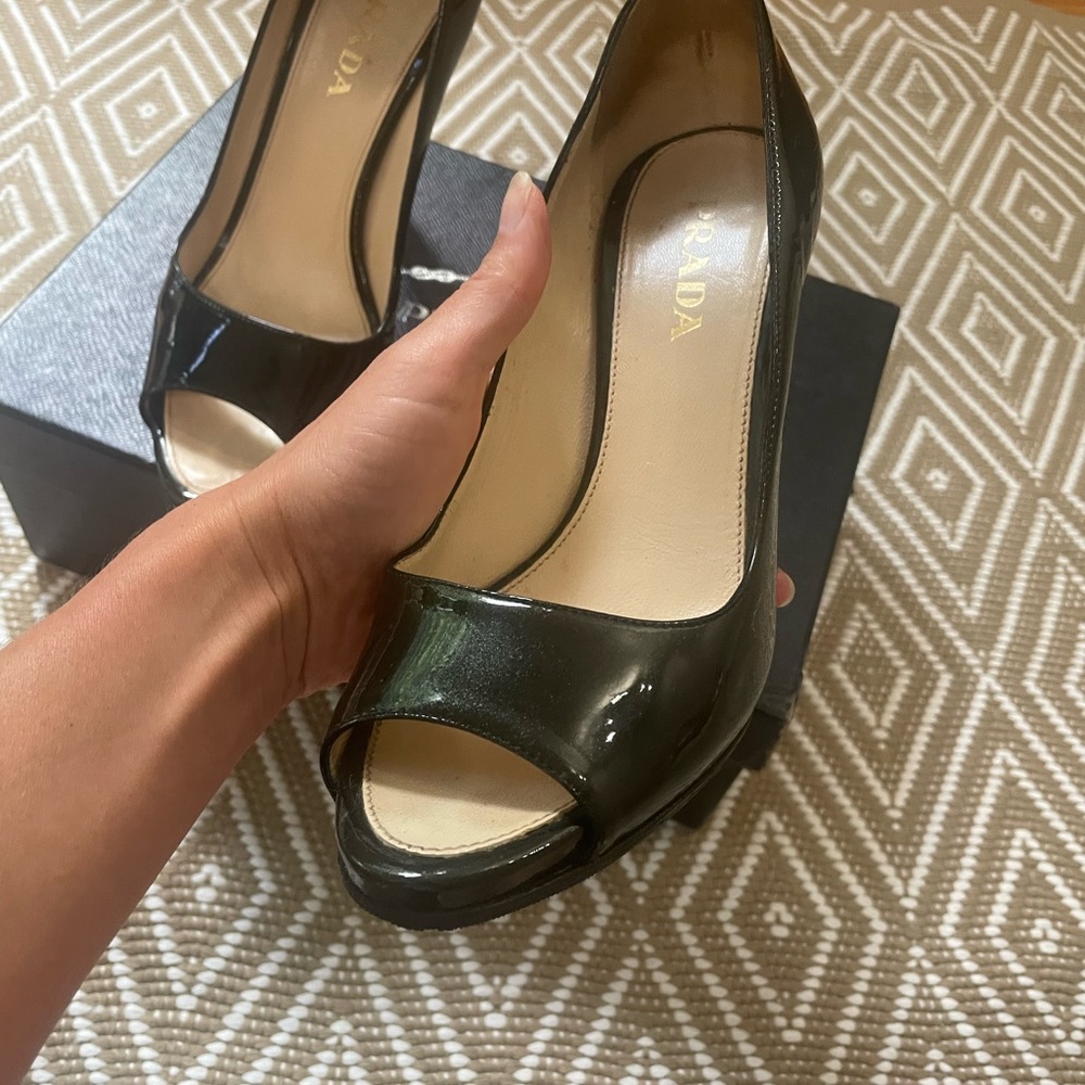 Prada Black Patent Leather Peep-Toe Heels - Picture 7 of 10